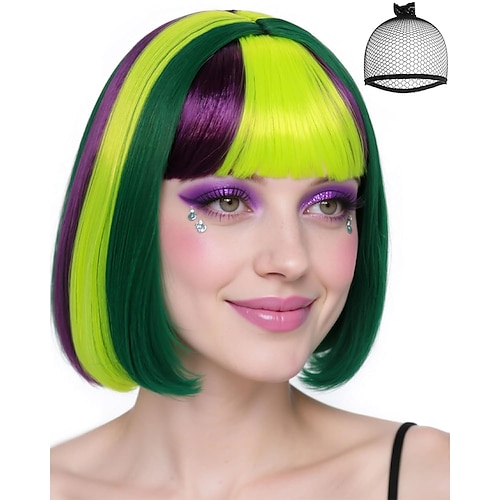 Karnevalsperücke Lila Grün Gelb Glatt Bob Kurz Synthetische Festivalperücke Karneval Parade Cosplay-Kostümfrisur für Damen Image
