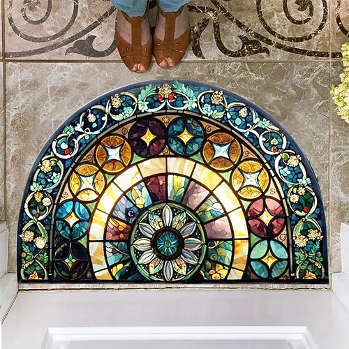 Fußmatte, halbkreisförmig, Mandala-Muster, Eingangsbereich-Teppich, schmutzabweisend, strapazierfähig, für Haustür, Flur, Schlafzimmer, Innenbereich, rutschfest, pflegeleicht, Heimdekoration Image