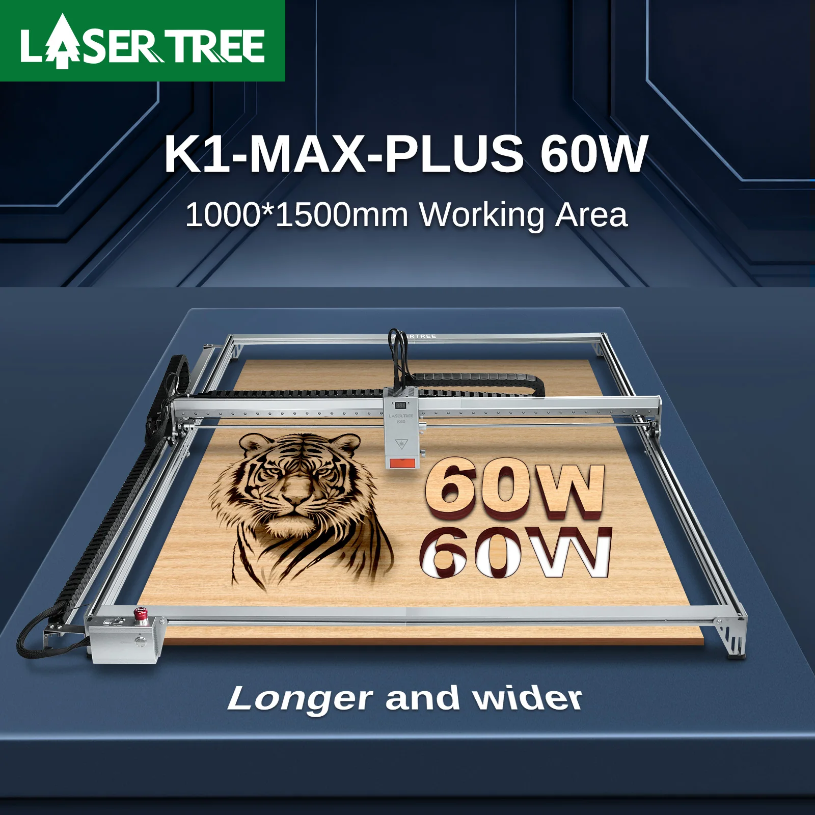 LASER TREE K1 MAX PLUS 60 W Lasergravierer mit Luftpumpe, Schutzbrille, Gravur, Schneiden, Blaulicht, Maschinenarbeitungsbereich, 1000 x 1500 mm Image