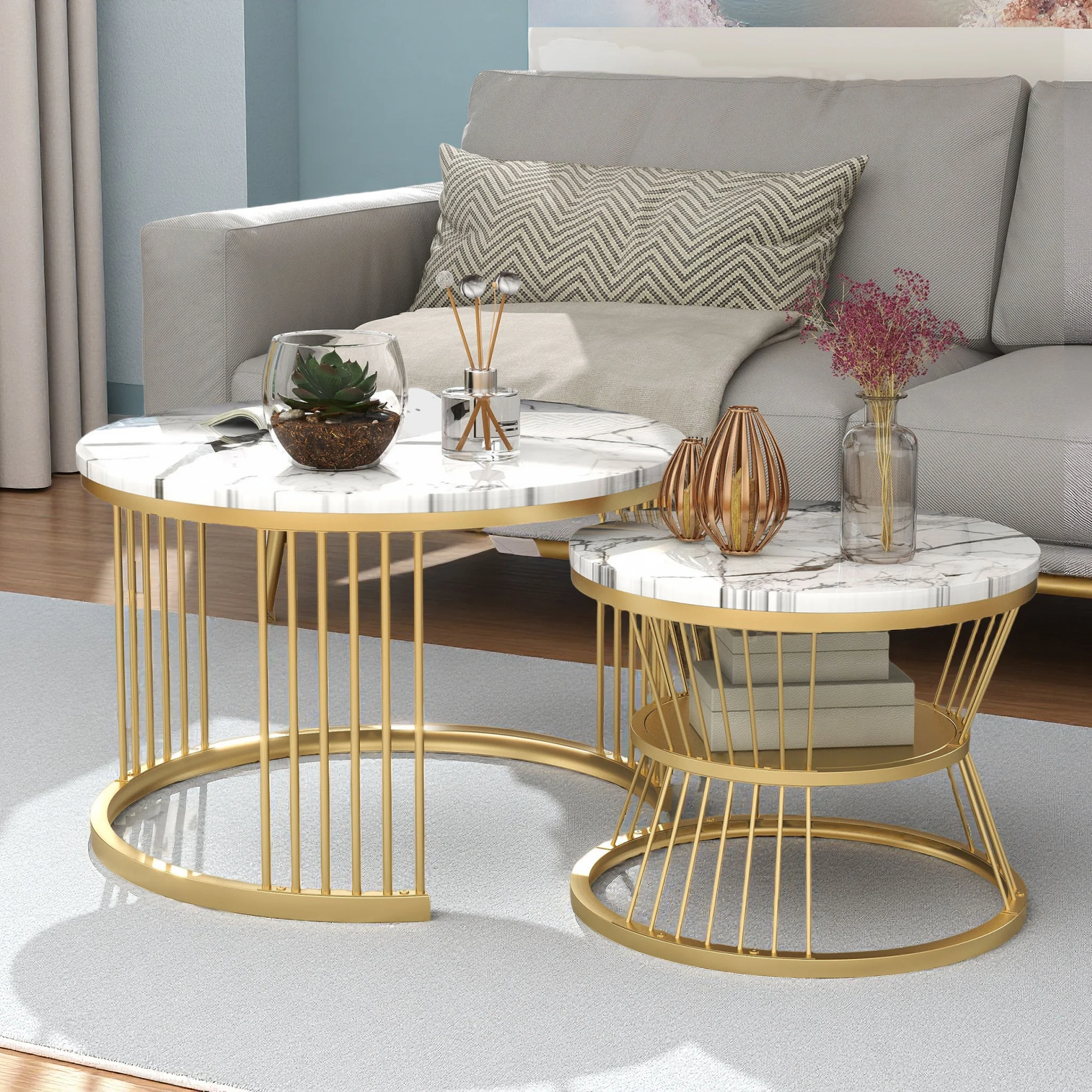 Rosahqnda Couchtisch mit runder Ecke, 2er-Set, Wohnzimmertisch, Beistelltische, Couchtisch, Wohnzimmer für das Heimbüro