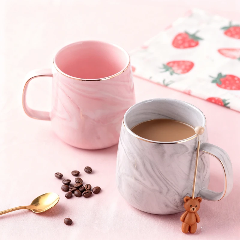 Rosa/graue Keramiktasse im nordischen Ins-Stil, Marmor-Goldrand, Kaffeetasse, Haferflocken, Frühstückstasse, Valentinstag, Dift, Wasserbecher für Paare Image