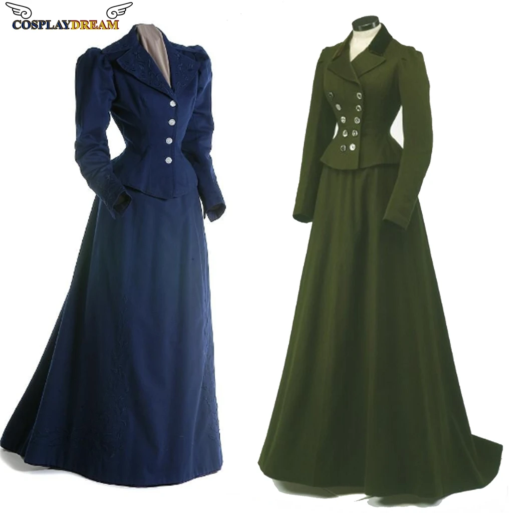 Viktorianisches Steampunk-Gothic-Kleid in Blau/Grün mit Mantel, mittelalterliches Retro-Walking-Kleid, Zirkustheater-Kostüm für Frauen nach Maß
