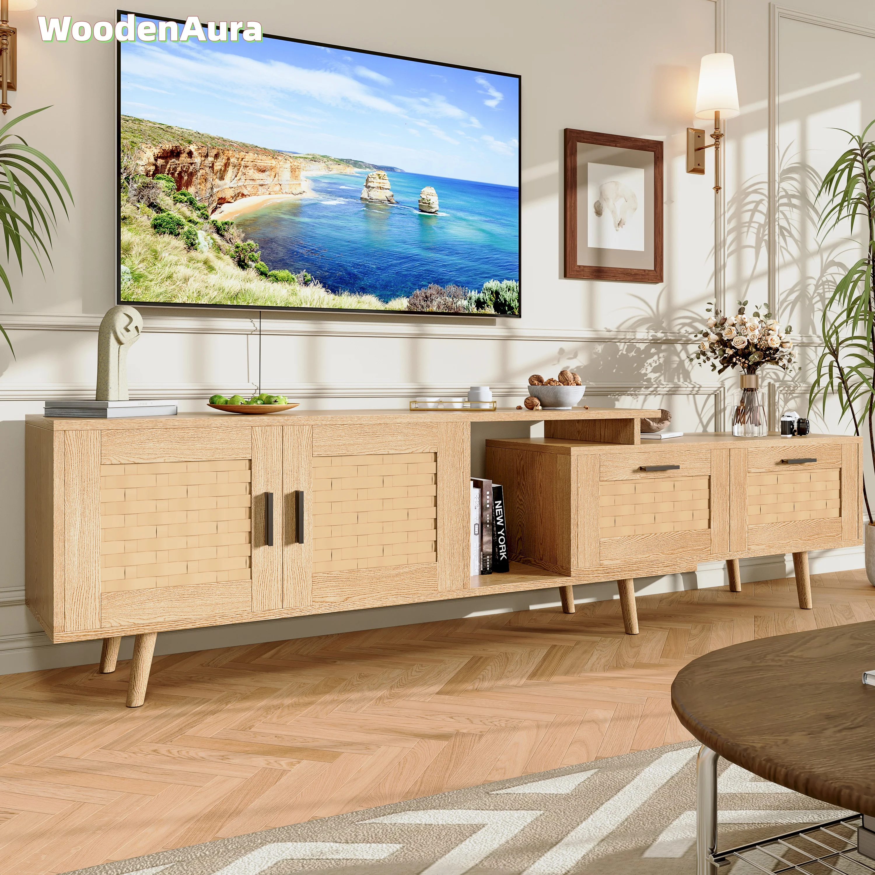 WoodenAura TV Schrank, ausziehbar, Massivholzrahmen, TV-Schrank aus Bambusgeflecht, TV-Schrank aus Massivholz, Beistelltisch, Holzfarbe