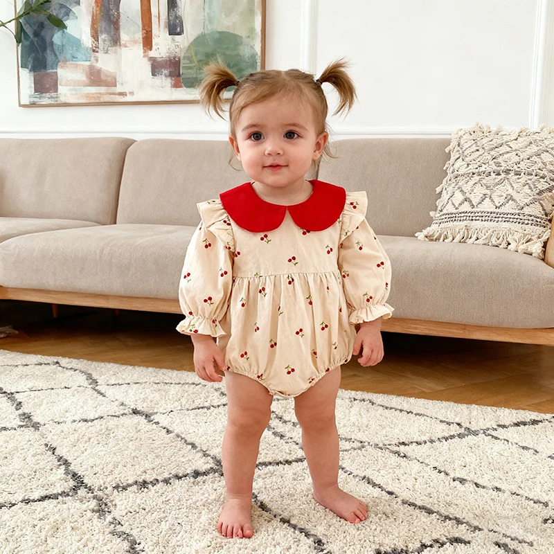 2026 neue Frühjahr Baby Mädchen Baumwolle Bodys Lange Ärmeln Kirsche Drucken Overall Koreanischen Stil 0-24 M Kinder neugeborene Kleidung Image
