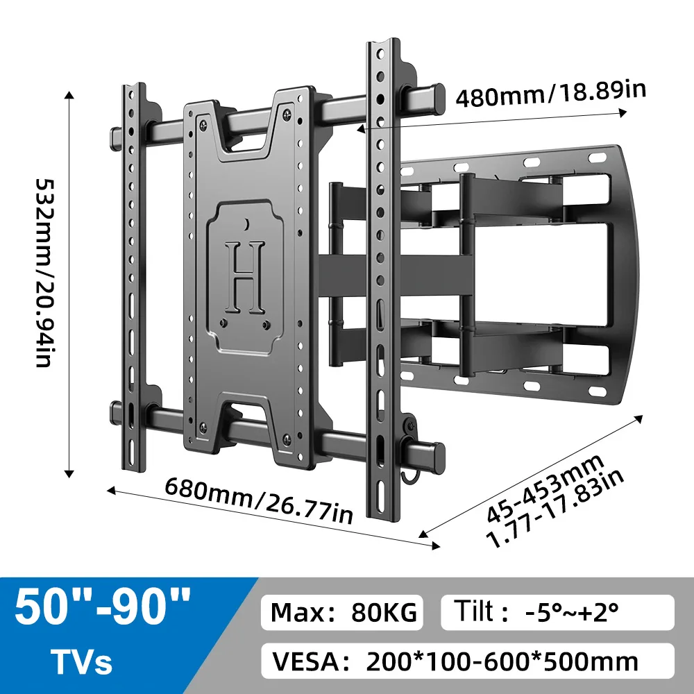 Full Motion TV-Wandhalterung für 50"-90" Gelenk-TV-Wandhalterung mit 8 Armen, drehbare Neigungshalterung für Fernseher, max. VESA 600 x 500 mm