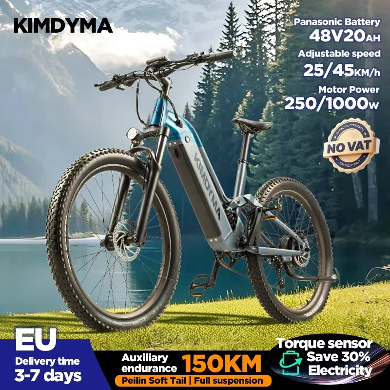 KIMDYMA K02 Elektrofahrrad für Erwachsene, 48 V, 20 Ah, 250 W/1000 W Motor, 27,5 x 2,8 Zoll, Fat Tire Torque Sensor, E-Bike, Offroad-Elektrofahrräder Image
