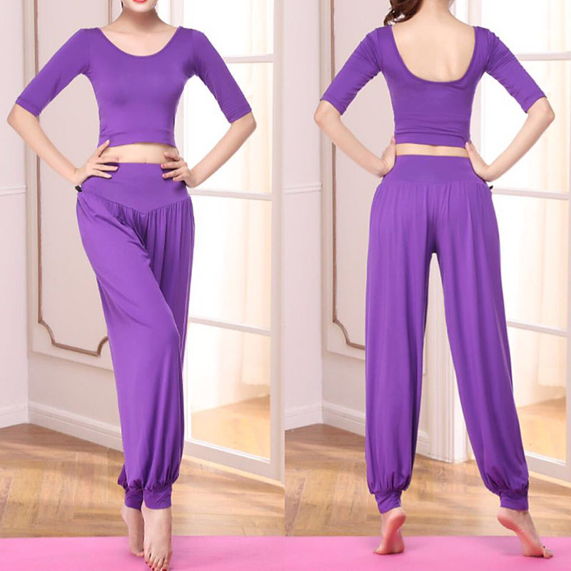 Women's Yoga Suit Lantern Pants 2 Piece Workout Set Solid Color Clothing Suit Fall Black White Modal Dance Pilates Yoga High Waist Lightweight Breathable Half Sleeve Sport Activewear