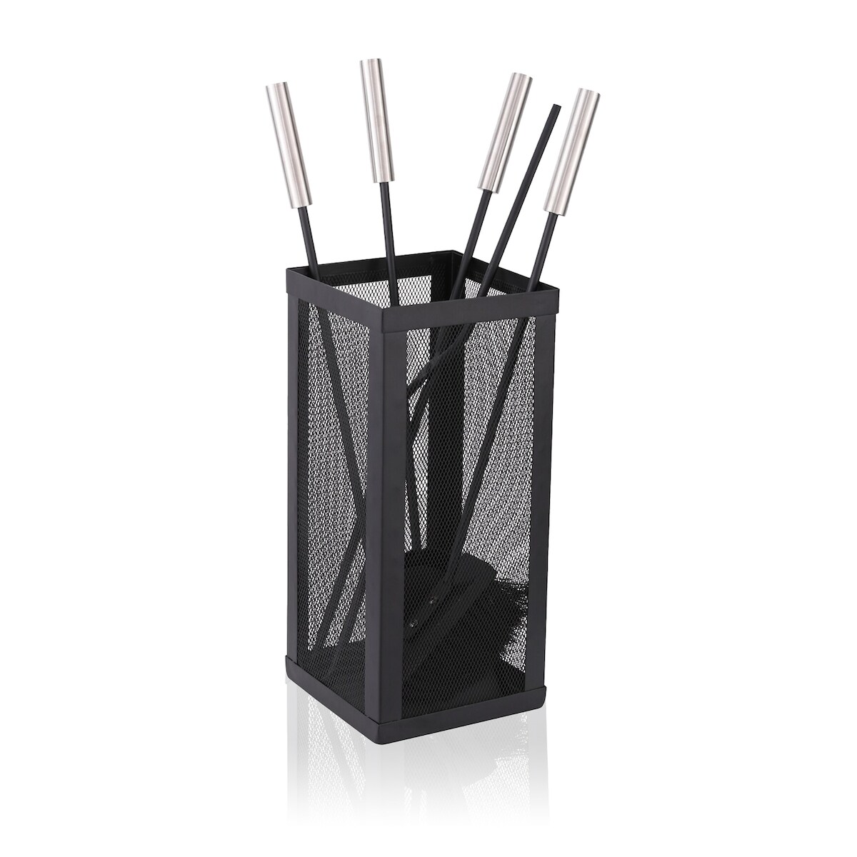 Relaxdays Kaminbesteck, 5-tlg. Set, Schürhaken, Ascheschaufel, Besen, Zange & Ständer, Ofengarnitur, schwarz/silber Image