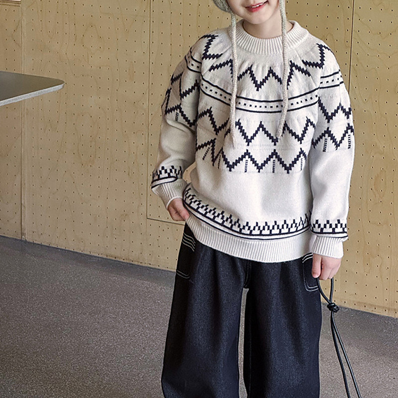 Kids Boys' Pullover Sweater Geometric Long Sleeve Keep Warm Outdoor Fashion Navy Blue Fall Clothes 4-12 Years