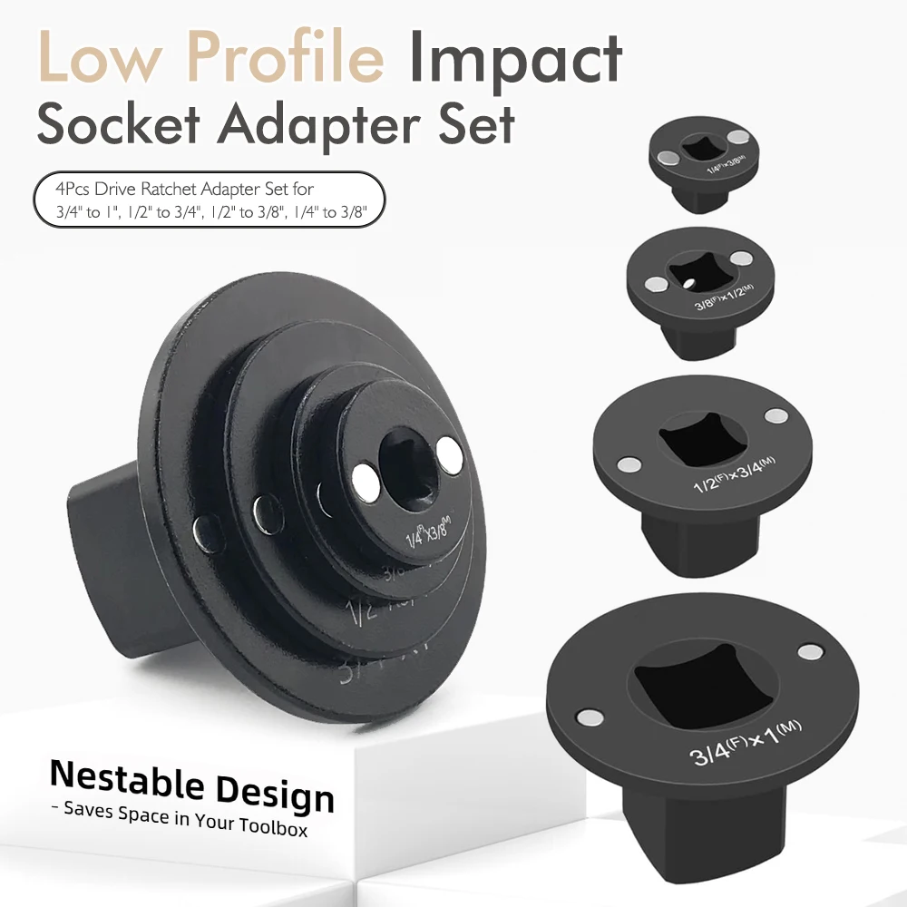 Set di adattatori per prese a impatto a basso profilo da 3/4 a 1,1/2 a 3/4,1/2 a 3/8,1/4 a 3/8 Adattatore a cricchetto Set di adattatori per prese da 4 pezzi