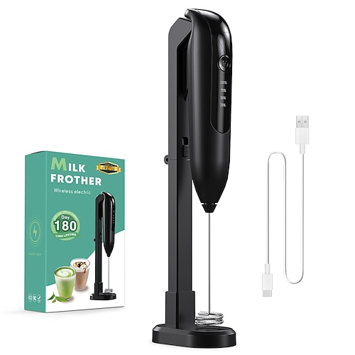 Montalatte elettrico portatile ricaricabile a 3 teste, 3 velocità, in acciaio inox, miscelatore per schiuma di bevande con display digitale a LED per latte, caffè, latte macchiato, cappuccino, matcha