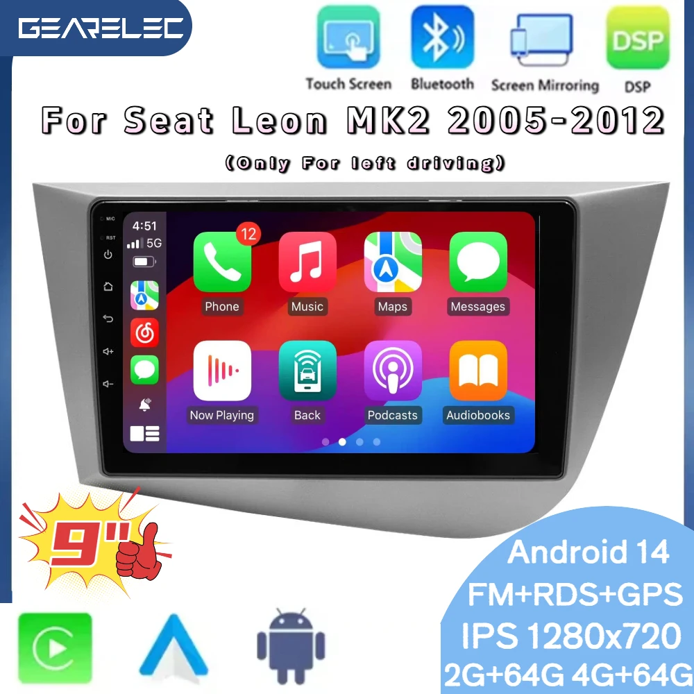 9 zoll Auto Drahtlose Carplay Android Auto Für SAT Leon MK2 2005-2012 Für Links Fahren DSP WIFI FM RDS IPS Android 14 GPS Auto Multimedia Video Player Image