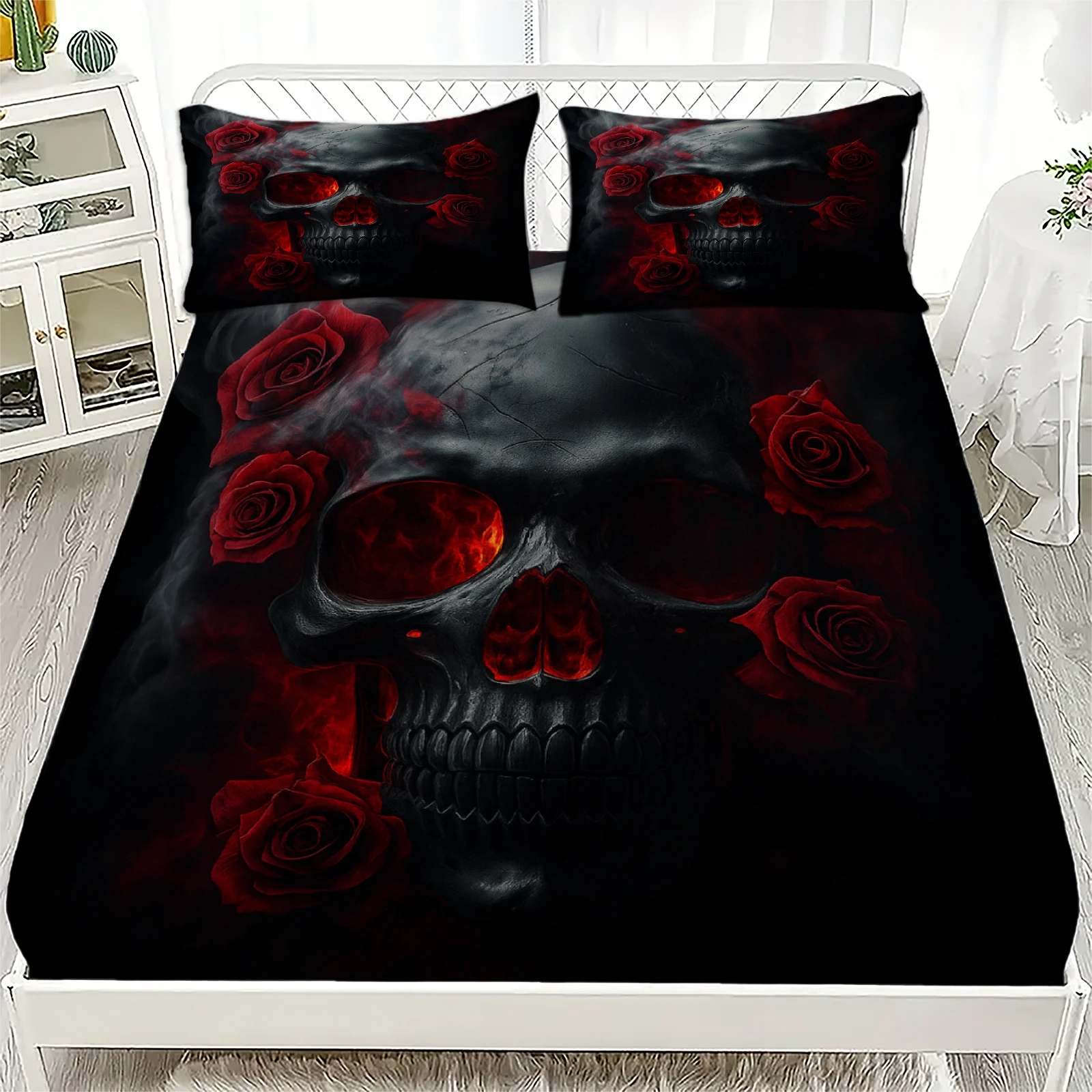 3-teiliges Spannbettlaken-Set im Gothic-Stil mit Totenkopf-Blumendruck, 100 % Polyester, atmungsaktives Bettwäsche-Set für Heimdekoration mit 2 Kissenbezügen Image