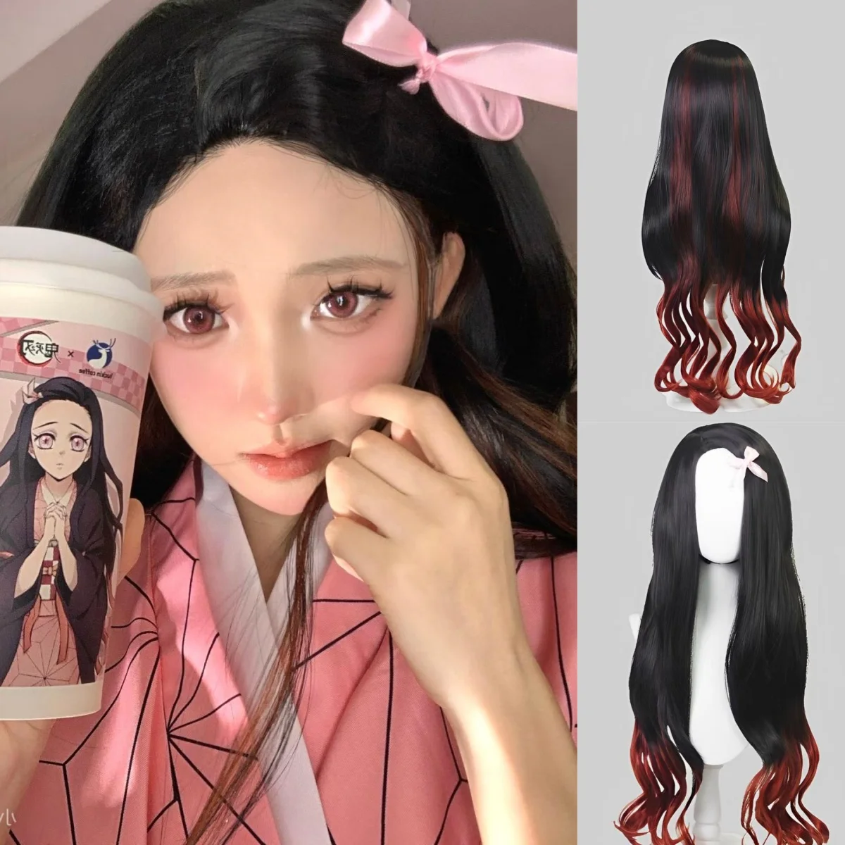 Dämon Slayer Kimetsu No Yaiba's Nezuko Kamado Cosplay Perücke Lange Lockige Haar Perücke Hochtemperaturfasern Synthetische Perücken Image