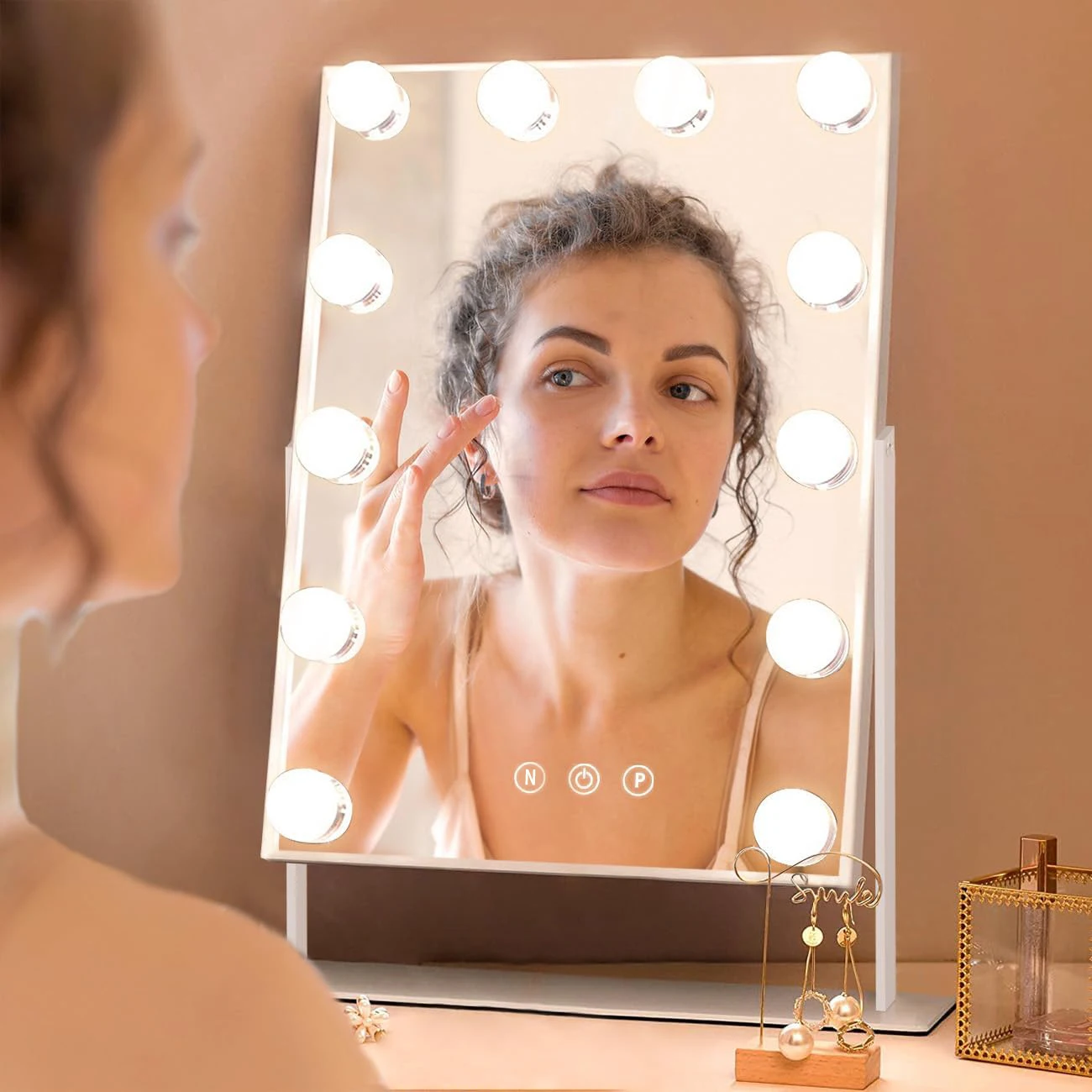 Vanity Hollywood Make-up-Spiegel mit 12 LED-Lampen, 3-farbige Beleuchtung, Dimmung, Touch-Steuerung 360 ° Rotation für Ankleidezimmer und Schlafzimmer Image