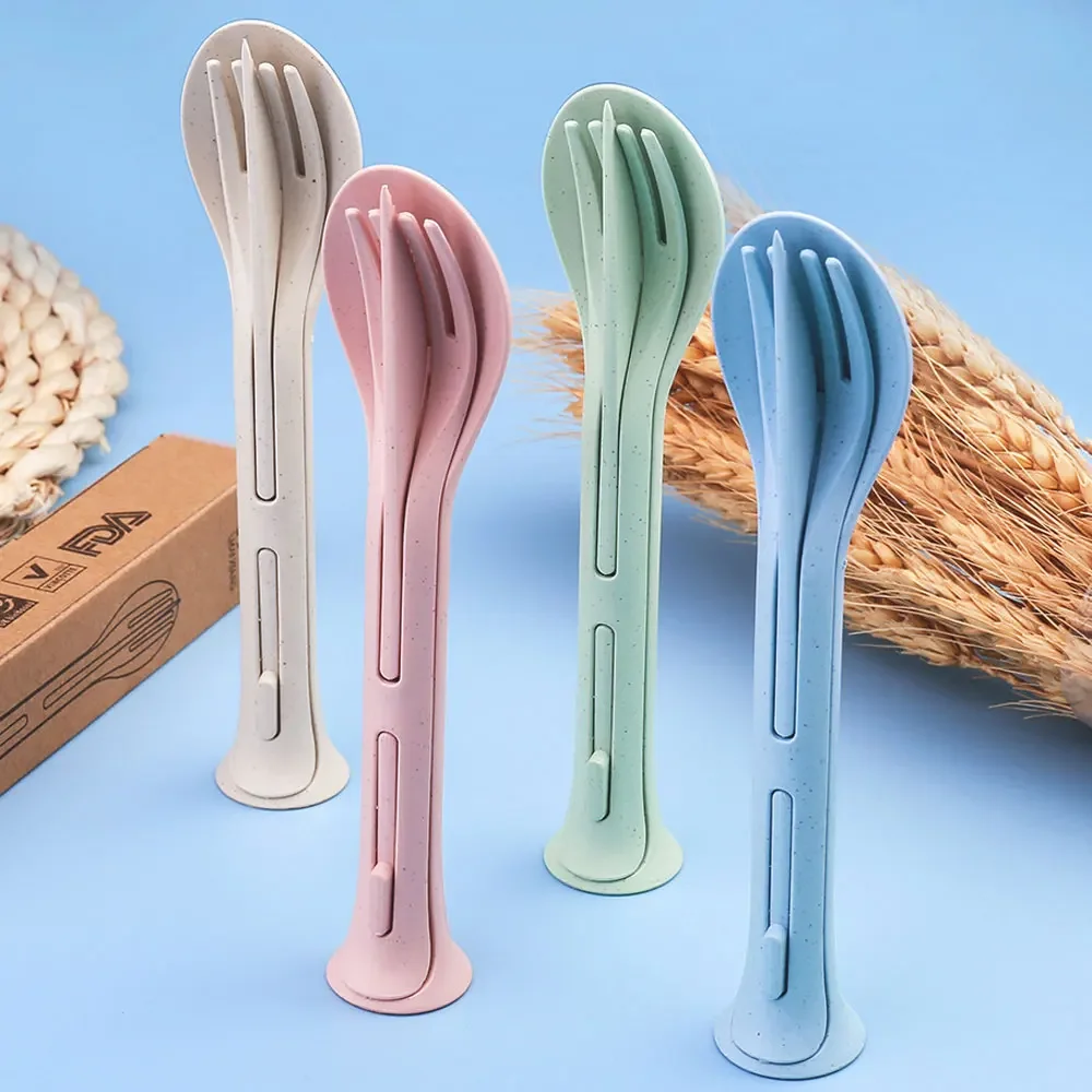 Dinnerware Detachable Cutlery Travel, Portable Tableware Set Wheat Straw Camping Cutlery Set Tableware Picnic Dinnerware white