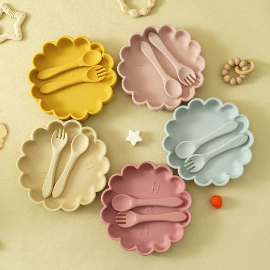 Cute Lion Shape Suction Plate Baby Silicone Tableware Set Solid Color Spoon Fork Feeding Training Baby Dinner Set dasty Lilac