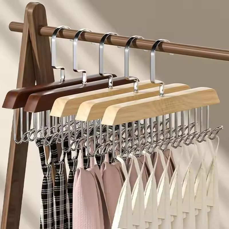 Classic Wood 8 Hook Closet Organizer Premium Solid Wood Hanger Rack For Belts, Bras & Accessories light Beige