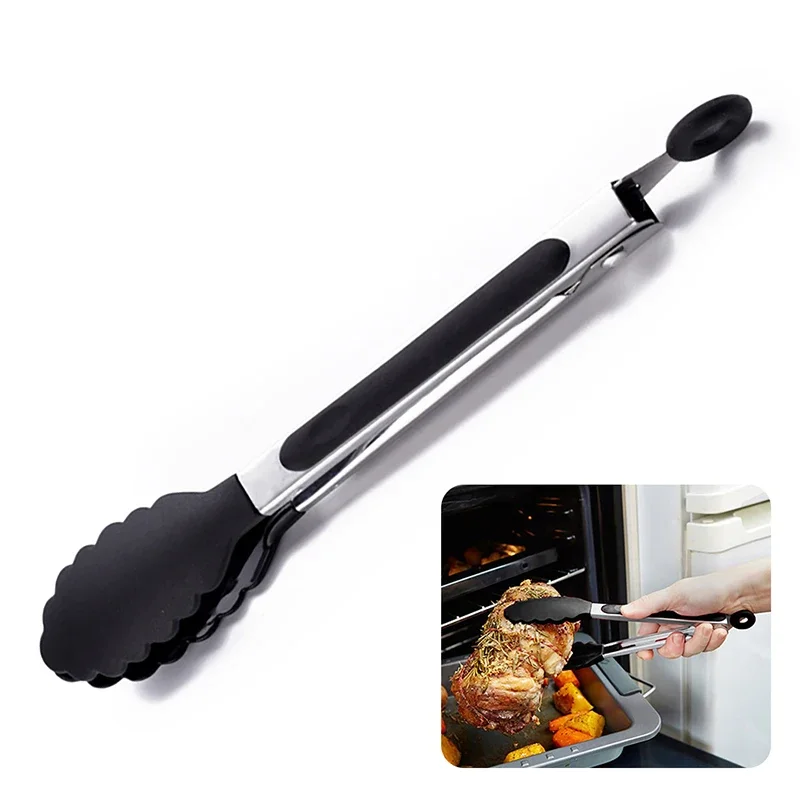 Silicone Nylon Cooking Clip Non Slip Food Tongs Kitchen Accessories For BBQ Kitchen Accessories black 1pcs