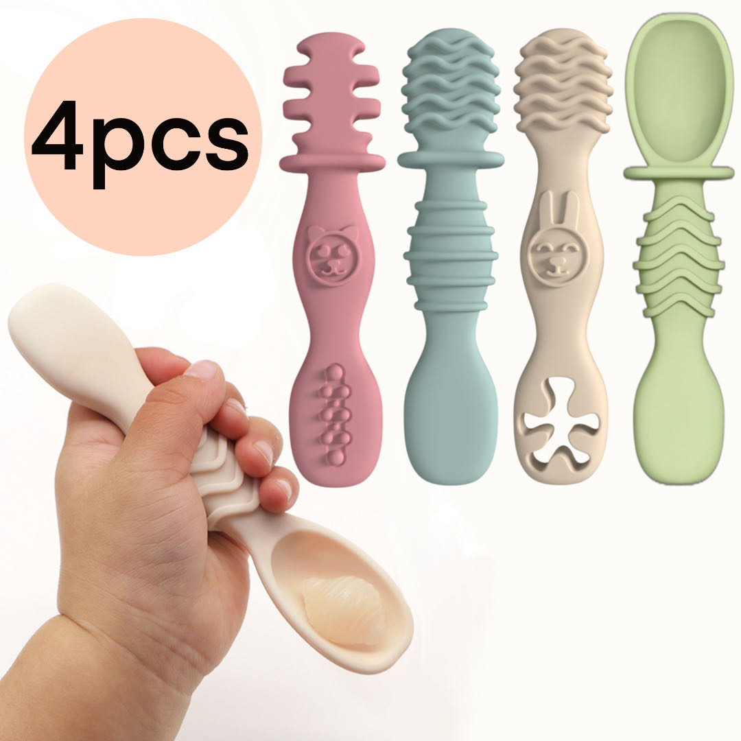 Training Spoon For Babies Over 6 Months Old, Silicone Baby Food Spoon, Christmas Gift Pick, Easy To Grip Tableware 4pc green