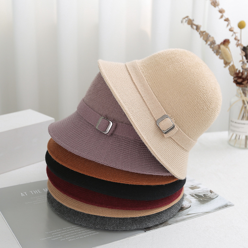 Autumn Winter Solid Color Knitted Bucket Hat Women Faux Mink Cashmere Blend Artistic Versatile Sun Cap khaki