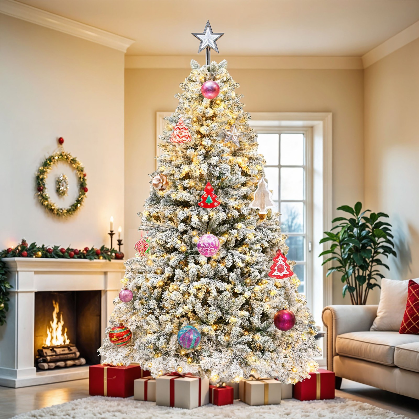 Prelit Snow Flocked Christmas Tree, Artificial Full Tree With Remote Prelit Snow Flocked Christmas Tree, Artificial Full Tree With Remote
