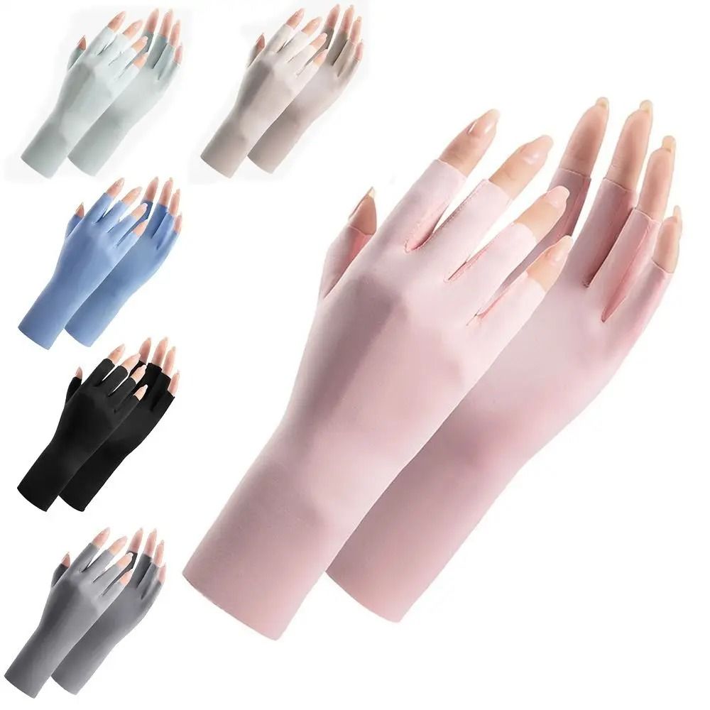 UV Protection Nail Art Gloves Open Finger Manicure Safety Gloves light Gray