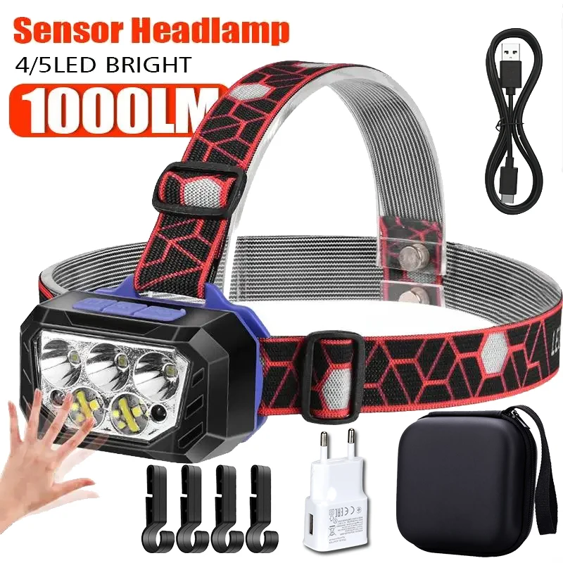 USB wiederaufladbarer Bewegungsmelder-Scheinwerfer, 5-LED-Scheinwerfer mit starkem Licht, tragbar, Angeln, Camping, Outdoor, Stirnlampe, Arbeitstaschenlampe Image