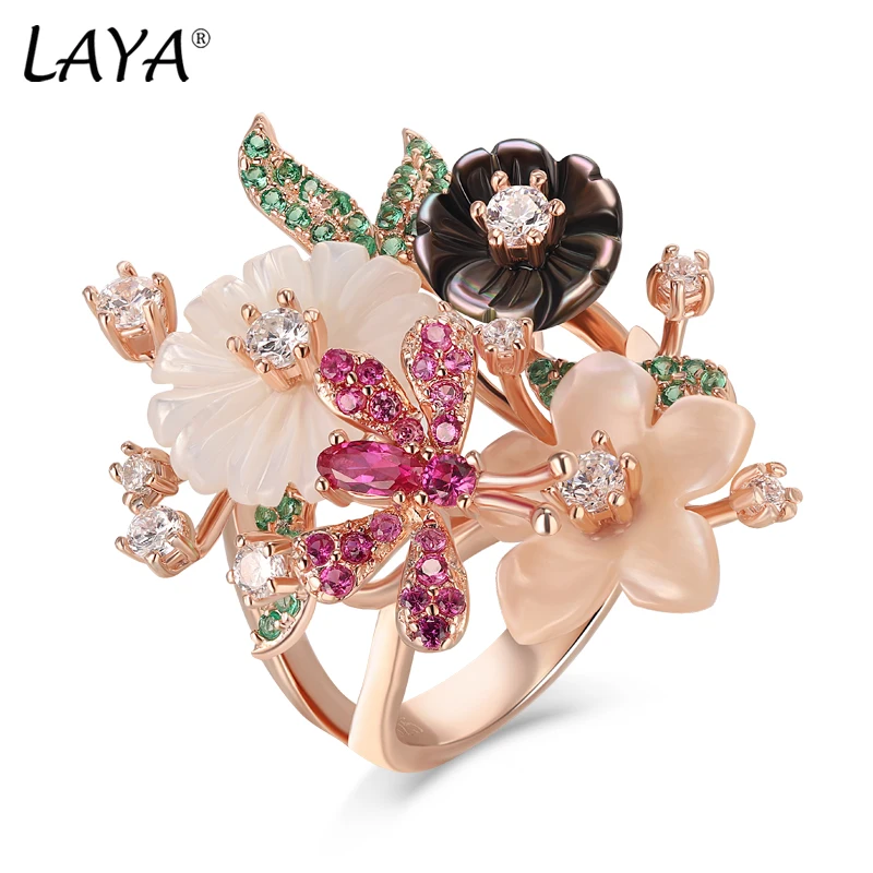 Laya Ring Für Frauen Stimmung Ring Rot Grün Weiß Zirkon Natürliche Shell Blume 925 Sterling Silber anillos Mode Schmuck