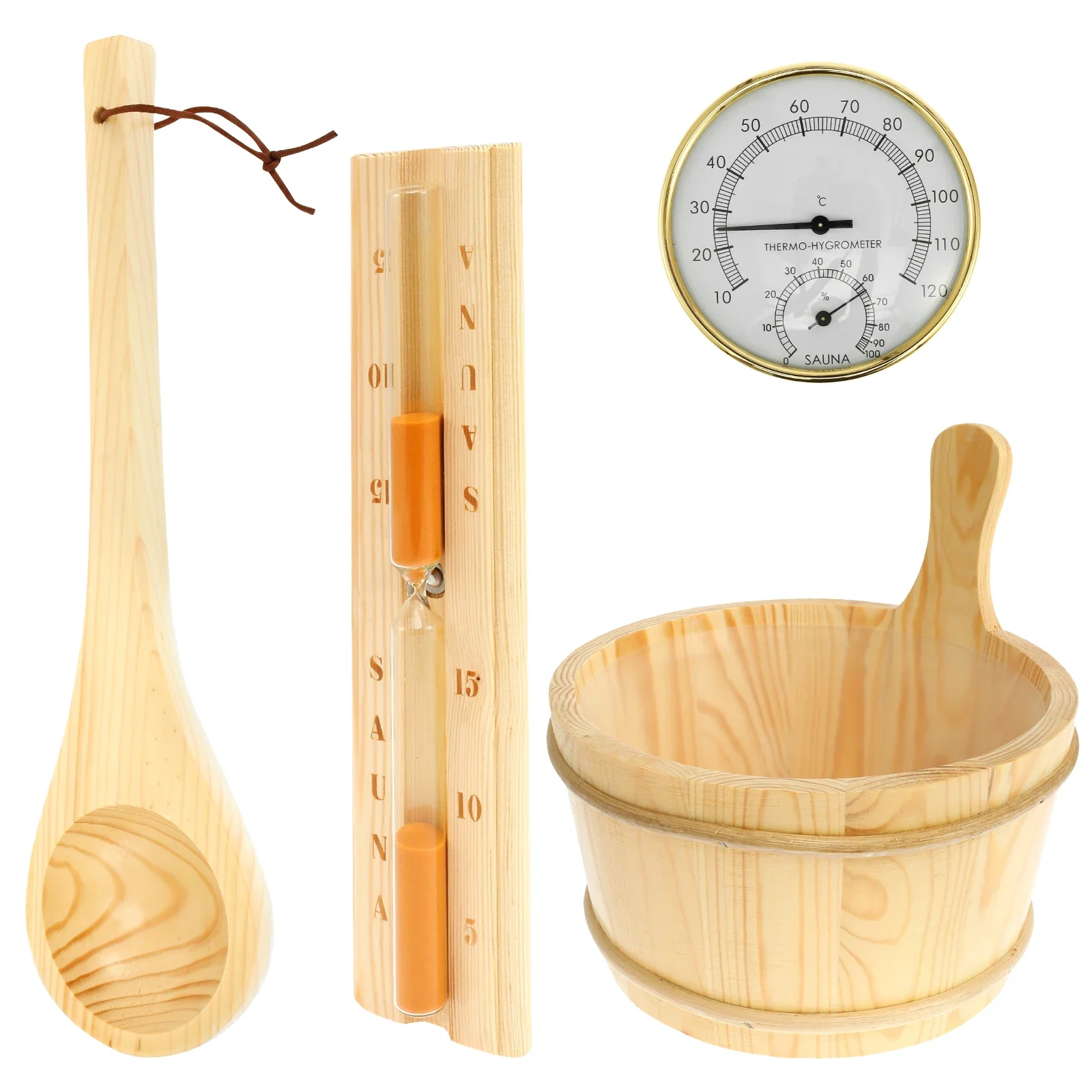 4-teiliges Set Sauna-Zubehör, Sauna-Eimer aus Holz, Sauna-Löffel mit Griff-Design, 2-in-1-Sauna-Thermometer und Hygrometer, Sanduhr-Timer