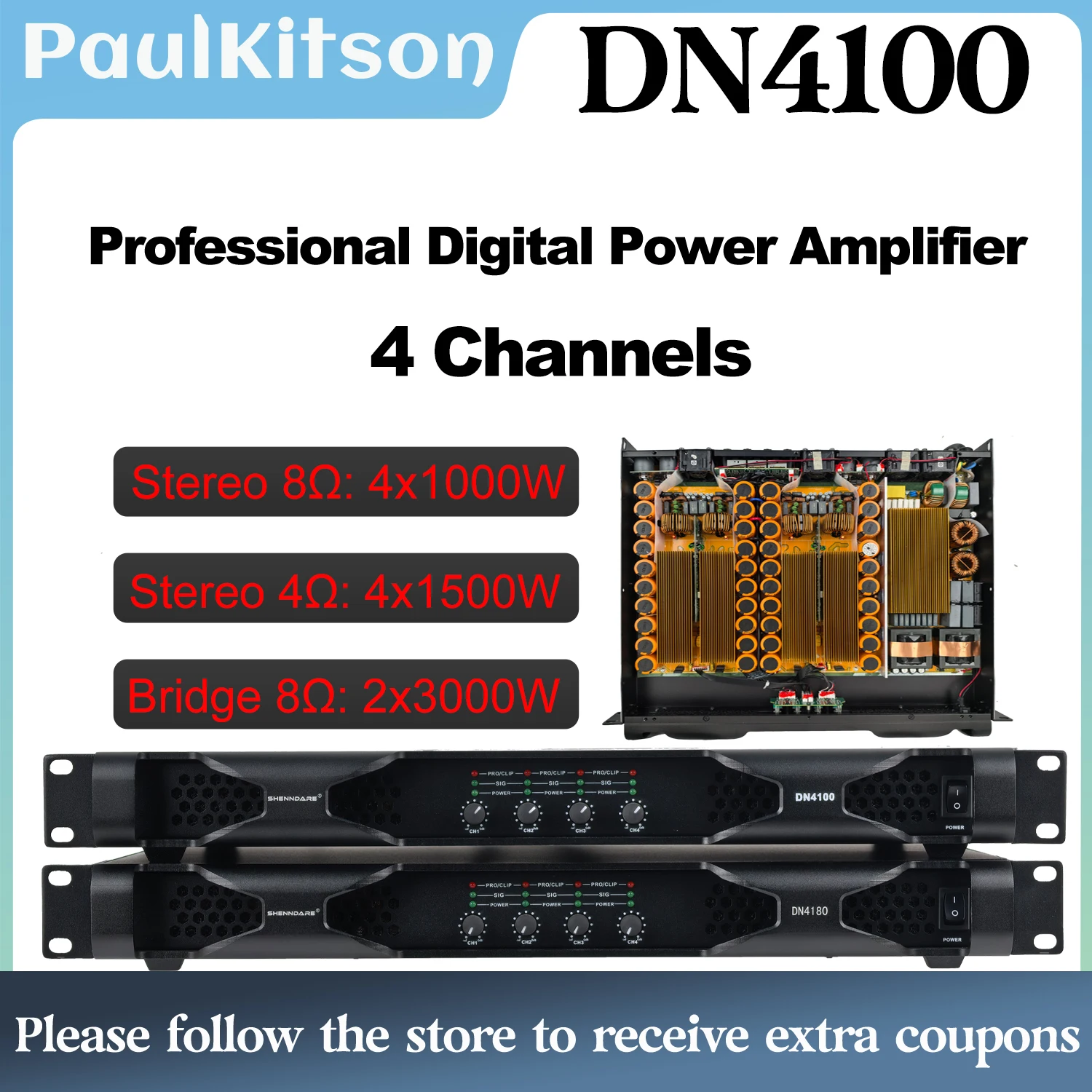 DN4100 Professioneller digitaler 4-Kanal-Audio-Leistungsverstärker, 4 x 1000 W, 8 Ohm, 4-Kanal-Audio-DJ-Subwoofer-Verstärker der Klasse D, 4 x 1800 W, 8 Ohm, Line-Array-Lautsprecherverstärker Image