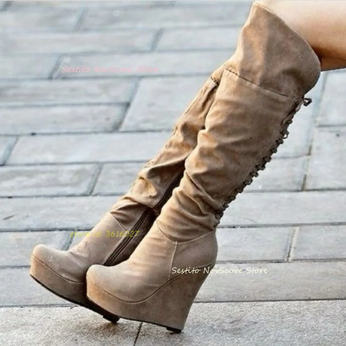 Overknee-Stiefel aus Wildleder mit Keilabsatz, Plateau-Rücken, Schnürung, Nähen, runder Zehenbereich, seitlicher Reißverschluss, oberschenkelhohe Stiefeletten, lange Winterstiefeletten Image