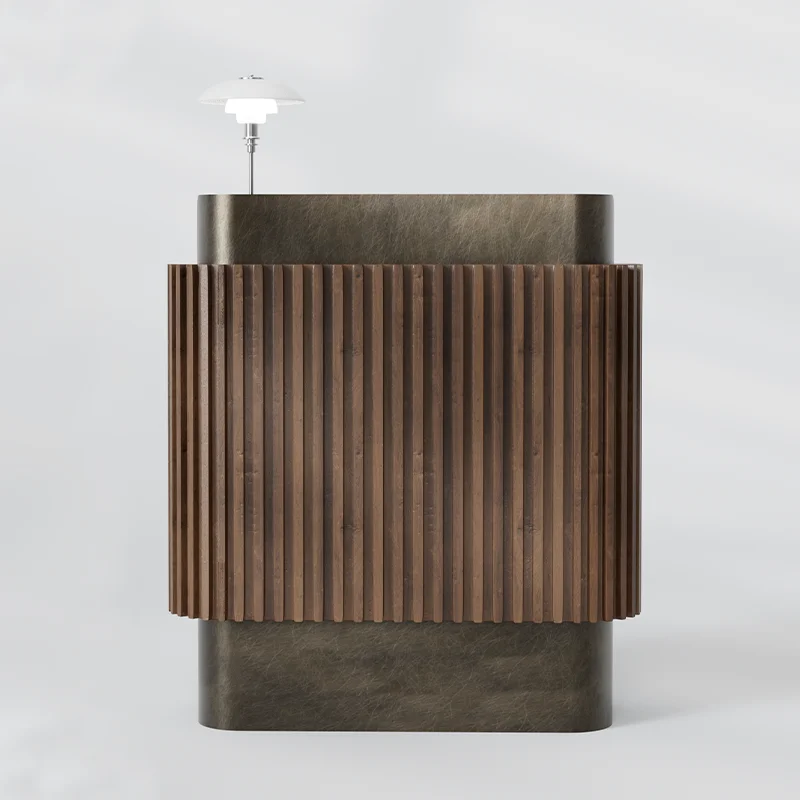 Empfangstheke aus Edelstahl mit Holzmaserung. Einfacher, moderner Rezeption für Restaurant, Bekleidungsgeschäft, Café, Kasseite. Unterstützt Custo