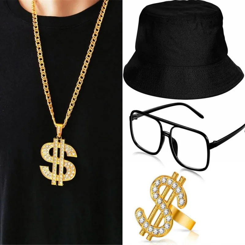 Ausgefallenes Cosplay-Kostüm-Outfit-Set für Erwachsene, 4-teilig, große Goldkette, Brille, Ring, Hut, Hip-Hop-Rapper, Zubehör, 80er-90er-Jahre-Dress-Requisiten