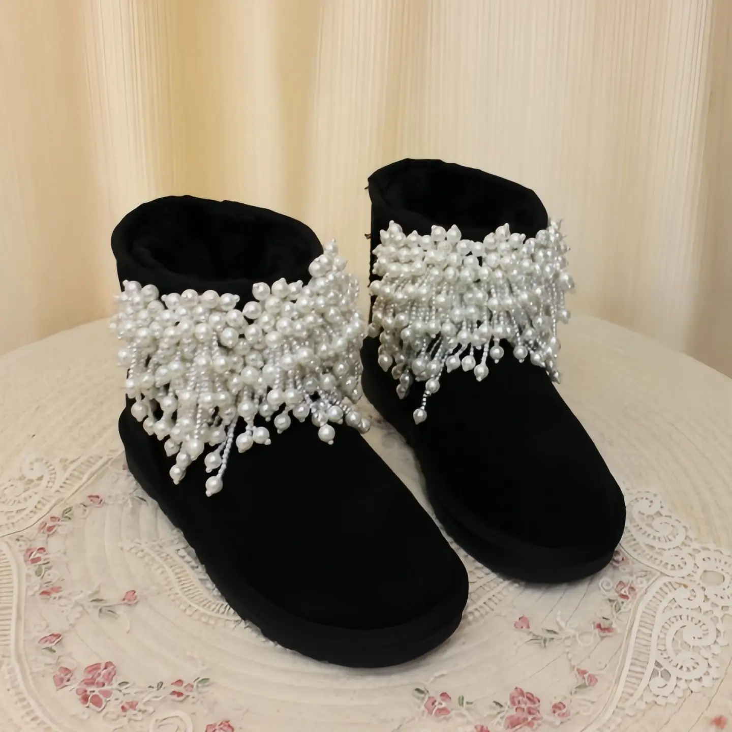 Winter-Schneestiefel, dekorativer Schuh, modische Perle, warm halten, flauschiger Schnee, kurze Stiefel, Stiefelette mit Fell, echtes Leder, große Größe 44