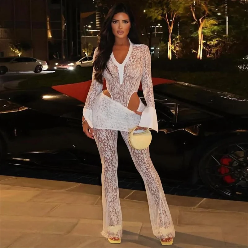 Sexy pizzo trasparente compleanno donna set da 2 pezzi outfit festival rave club body a maniche lunghe top e pantaloni svasati ensemble Y2K