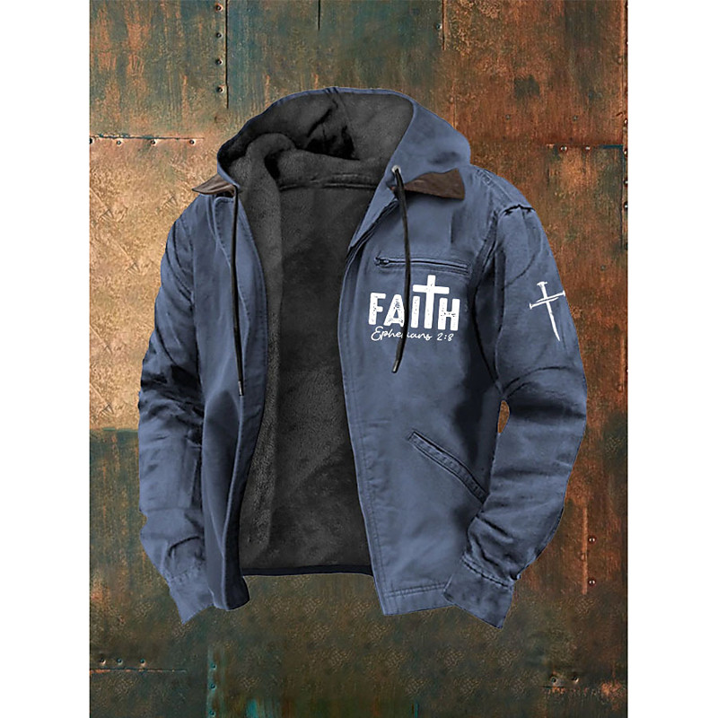 Men's Full Zip Hoodie Fleece Jacket Fleece Hoodie Blue Black Brown Hooded Cross Faith Pocket Casual Daily Going out Polyester Streetwear Retro Casual Fall Winter Clothing Apparel Hoodies