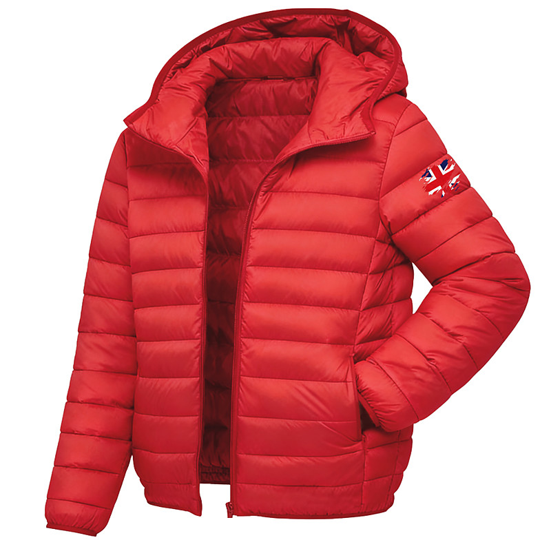 Men's Graphic UK National Flag Winter Coat Down Jacket Puffer Jacket Thermal Warm Rain Waterproof Lightweight Casual Outdoor Daily Padded Quilted Hooded Jacket Fall Winter Long Sleeve Black Red Royal