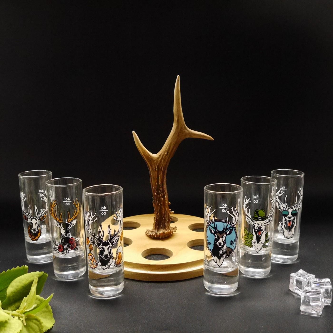 Elegante set di bicchierini da shot con supporto a forma di corna di cervo | 6 bicchierini con motivo a cervo | Regalo per cacciatori e amanti della n