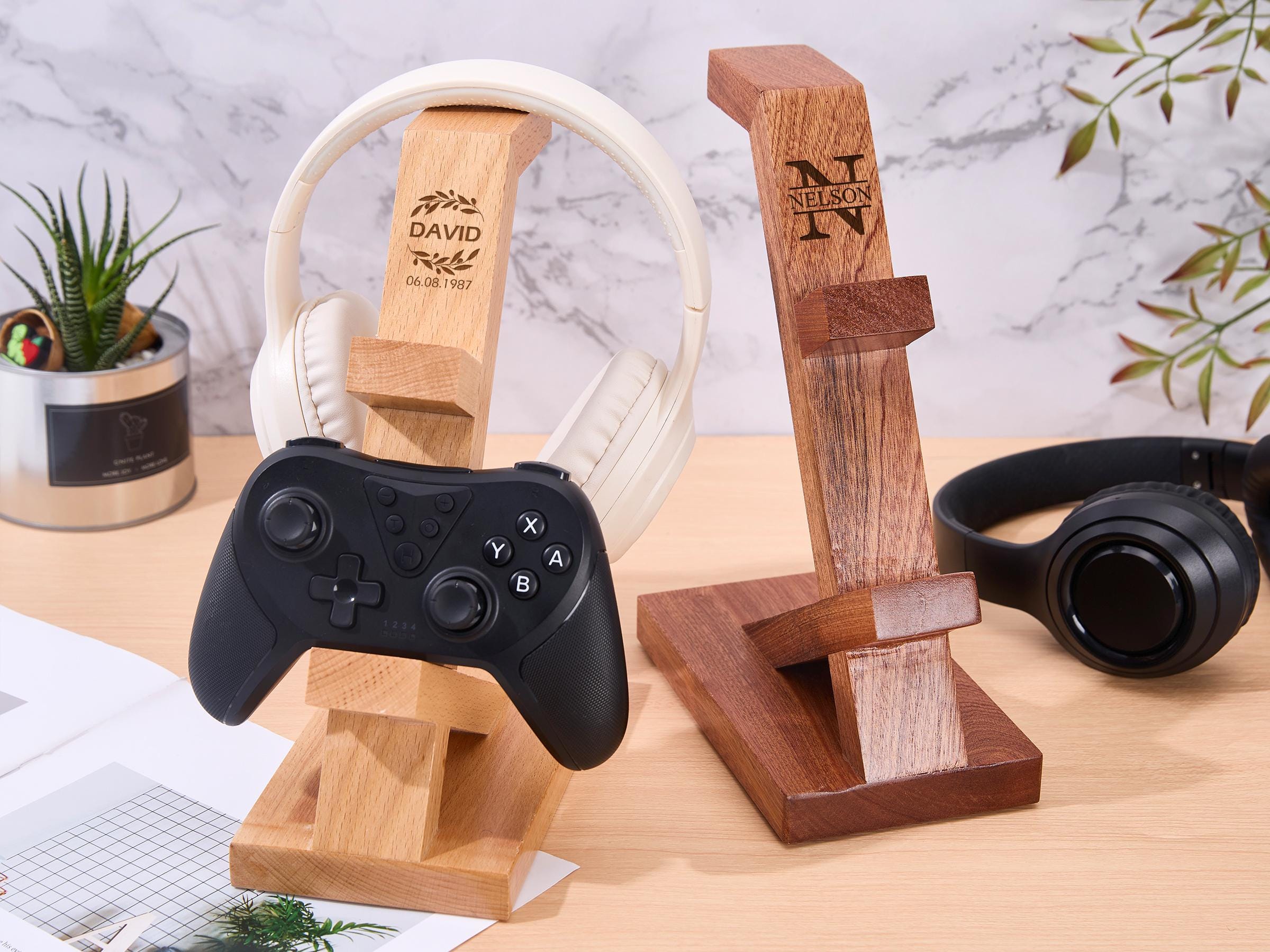 Supporto per cuffie in legno, supporto per cuffie in legno inciso con nome, supporto per auricolari, supporto per cuffie da gioco, regalo per casa e u
