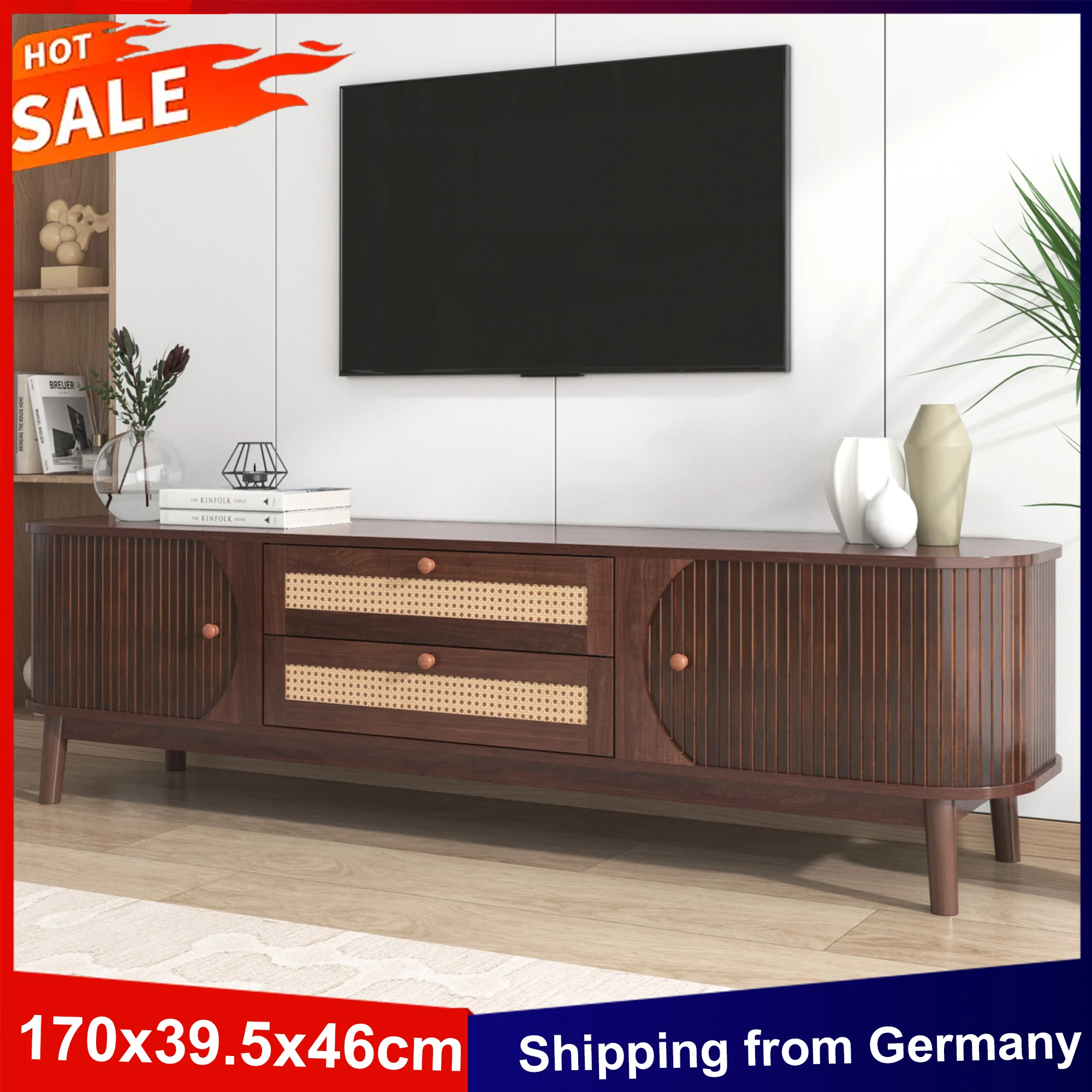 Anajqaqia Meuble TV 170x39.5x46cm, meuble TV avec portes et tiroirs en rotin, meuble TV avec côtés en rotin pour salon/salle à manger