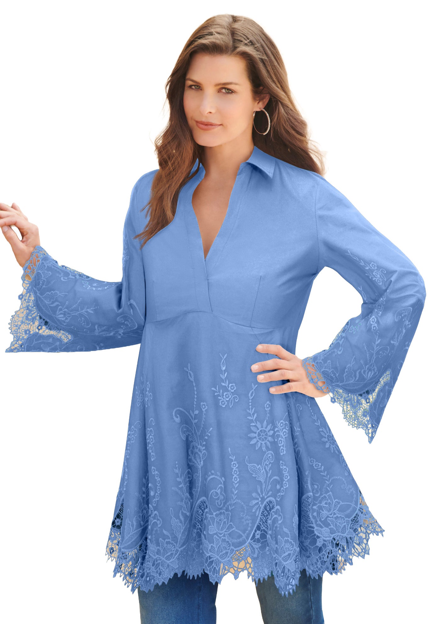 Plus Size Women's Poplin Embroidered Swing Tunic by Roaman's in French Blue (Size 38 W) Long Shirt Blouse