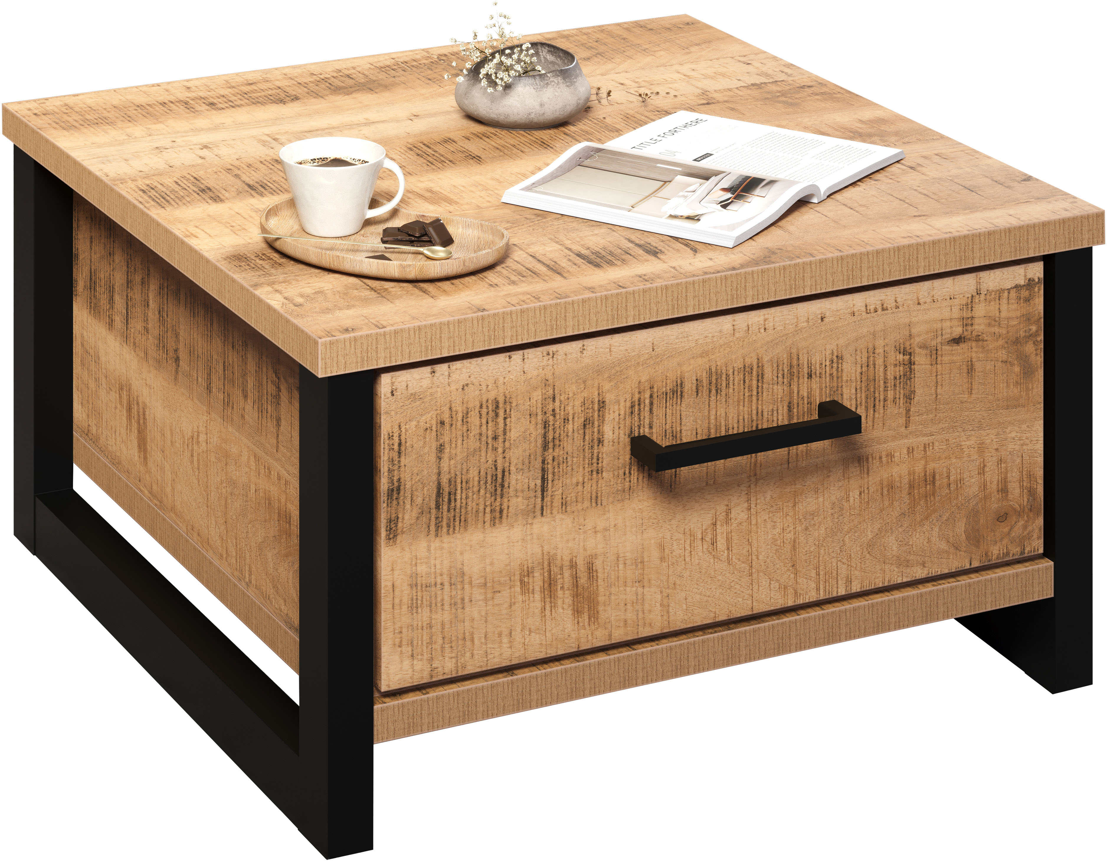 Couchtisch HOME AFFAIRE "Elda", mango, schwarz, schwarz, mango, B:80cm H:45cm T:80cm, Tische, Couchtisch, Couchtisch mit 2 Vollauszug Schubladen – (B/T/H) 80/80/45 cm