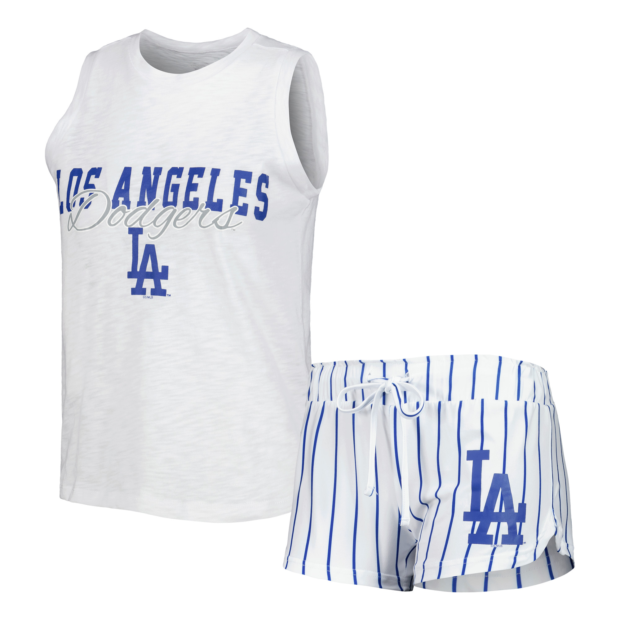 Damen-Schlafanzug-Set von Concepts Sport: Weißes Los Angeles Dodgers Reel Pinstripe Tanktop und Shorts Image