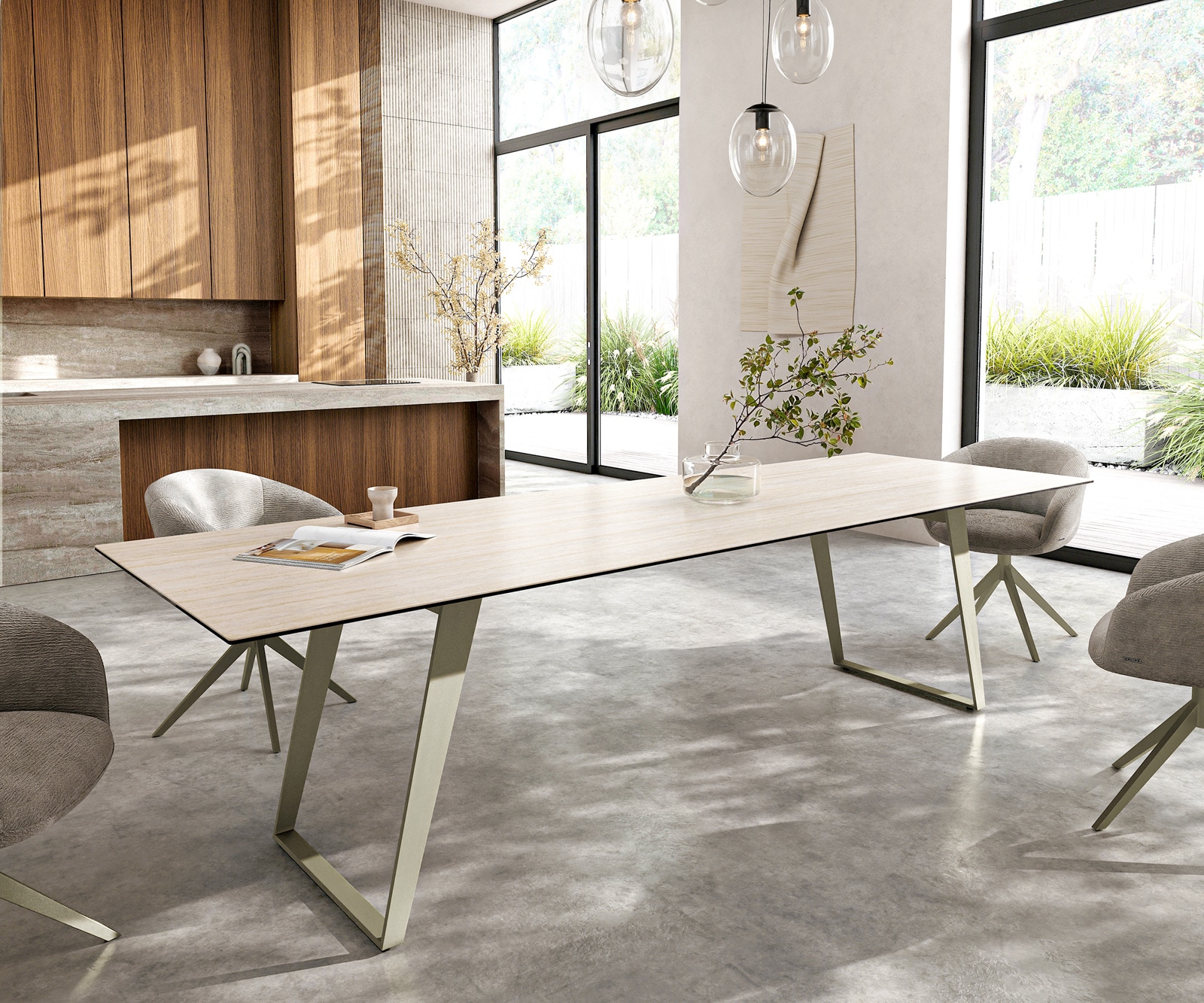 DELIFE Esstisch Edge 300x100 cm Keramik Laminam® Travertino Bianco Creme-Weiß Metall Schräg Effektfinish Titan, Esstische Image