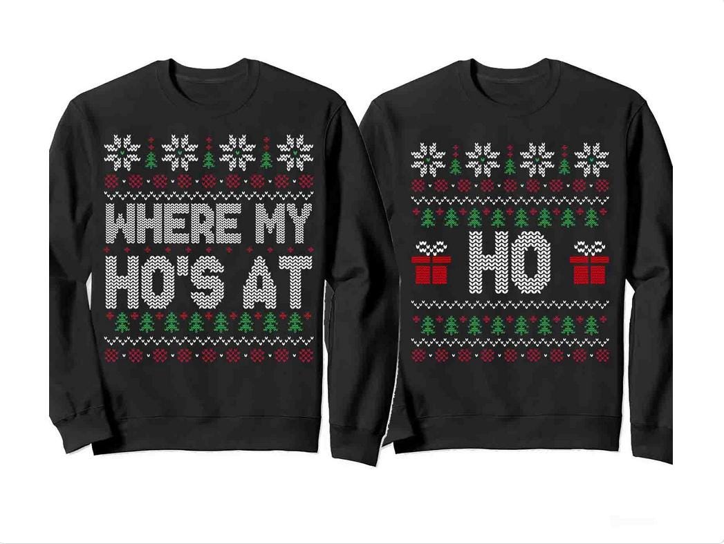 Felpa natalizia brutta per coppie divertenti, felpa natalizia brutta abbinata per coppie, felpa Ho Where My Ho's At