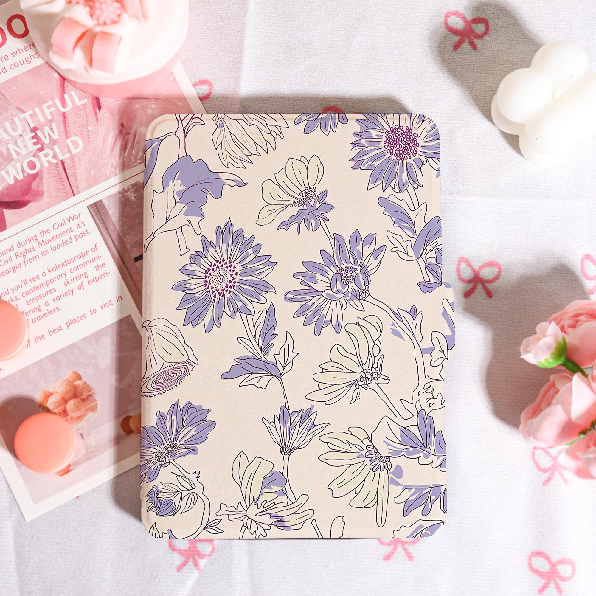 "Custodia per Kindle con motivo floreale viola e cinturino da polso, custodia per Kindle 6/6,8/7\", custodia per Kindle Kobo Paperwhite 12/11, Kindle 12"