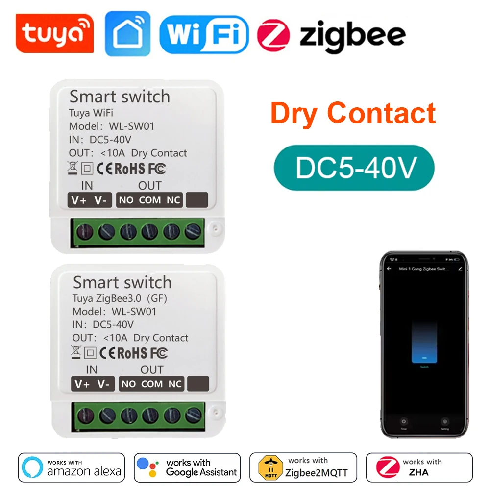 Tuya Smart Dry Contact WiFi/Zigbee Modulo Interruttore Smart Home, Casa Intelligente FAI DA TE Interruttore Relè DC 5-40V Funziona con Alexa Google Home Assistant