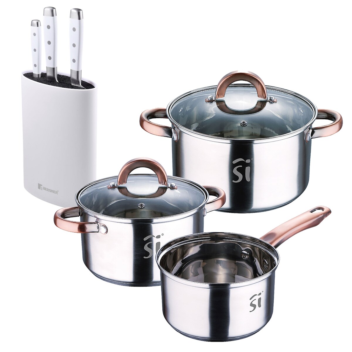 BERGNER - 5-teiliges Kochset Ø16/18/20 cm induktionsgeeignet mit 3 Edelstahlmessern und Messerblock Image