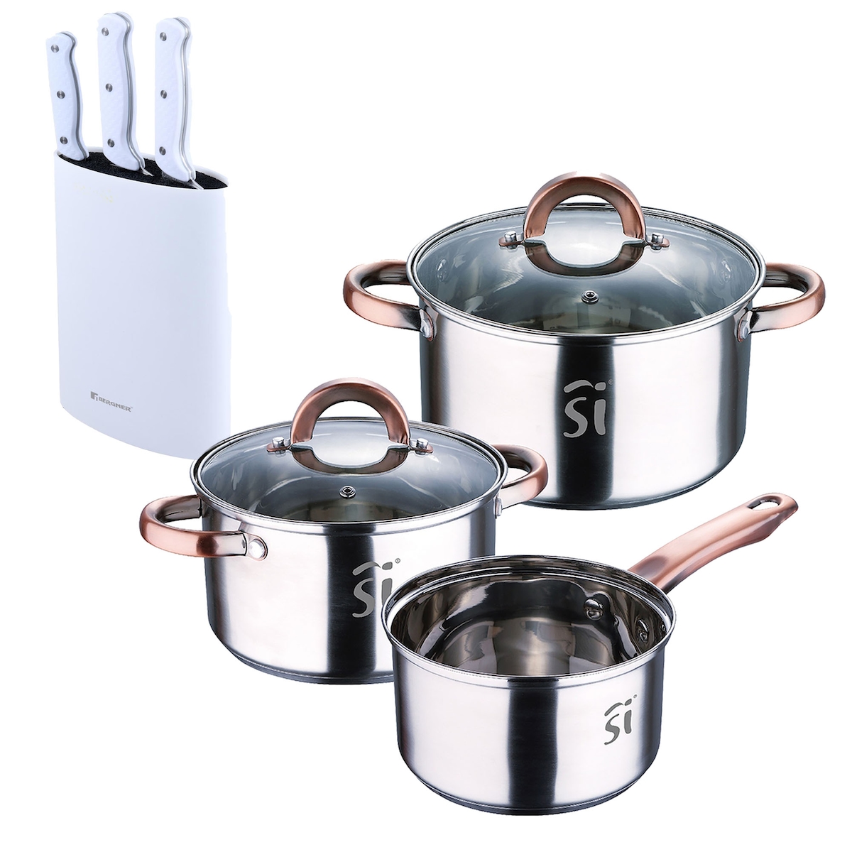 BERGNER - 5-teiliges Kochgeschirr-Set Ø16/18/20cm aus Edelstahl, geeignet für Induktionsherde, inklusive 3 Edelstahlmessern mit Griff Image